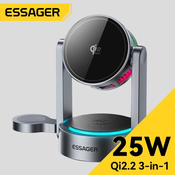 ឆ្នាំងសាកឥតខ្សែ Essager Qi2.2 25W ម៉ាញេទិក 3 ក្នុង 1 ជើងទម្រសាកថ្មលឿន សម្រាប់ iPhone17 16 Pro Max Samsung S25 នាឡិកា កាសស្តាប់ត្រចៀក AirPods