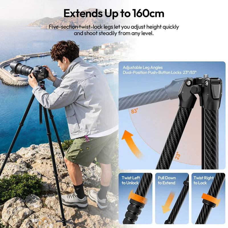 ជើងកាមេរ៉ា Ulanzi Professional 2-in-1 ធ្វើពីសរសៃកាបូន Ulanzi TZ01 សម្រាប់ធ្វើដំណើរ ជាមួយនឹងការបង្វិល 360° សម្រាប់កាមេរ៉ា DSRL ការថតរូប Low Angel Shoot