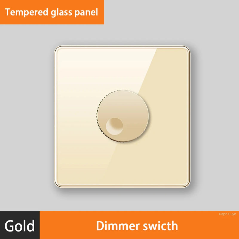 Luxury All Tempered Glass Wall Lamp Switch Button Golden UK Plug 13A Universal Wall Socket with Usb ,220V2gang2way Dimmer Switch