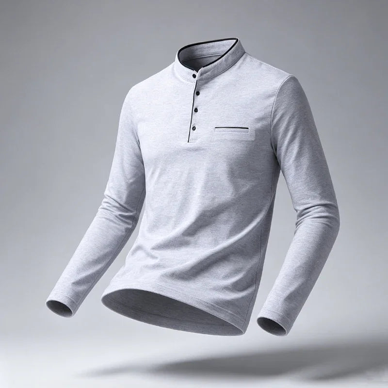 Men Stand Collar Long Sleeve Polo Shirt Slim Fit Half Button Design Chest Pocket Soft Fabric Business Daily Tops