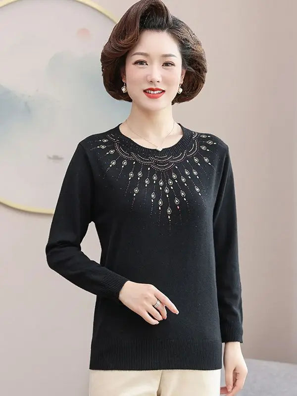 New Mid Aged Mother Pullovers Spring Autumn Sweater Fashion Diamond Knitwear Bottom Top Round Neck Pull Women Knitting Shirt