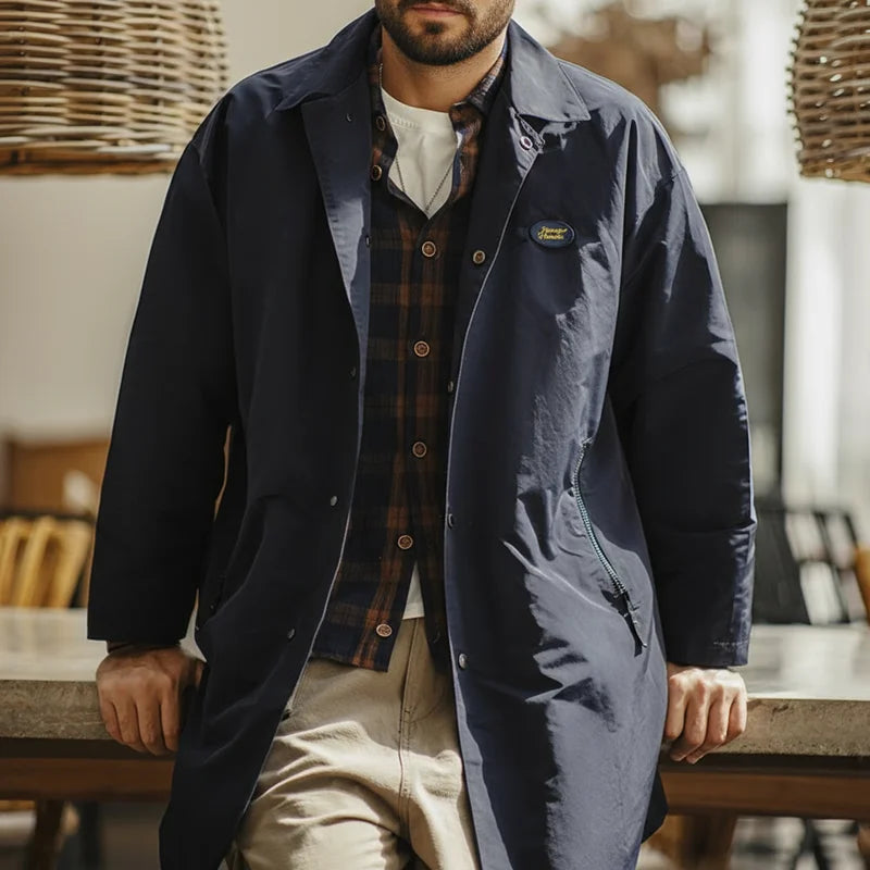 Maden Men's Vintage Balmacaan Waterproof Windbreaker Coat Single-Breasted Mid-Length Classic Collar Jacket for Spring and Autumn