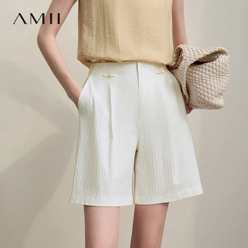 ខោខ្លី Amii សម្រាប់នារី រដូវក្តៅ ឆ្នាំ២០២៦ ខោកប្បាសឆ្នូតថ្មី ធម្មតា ប្រវែងជង្គង់ រលុង សម្លៀកបំពាក់នារីការិយាល័យ 12622115