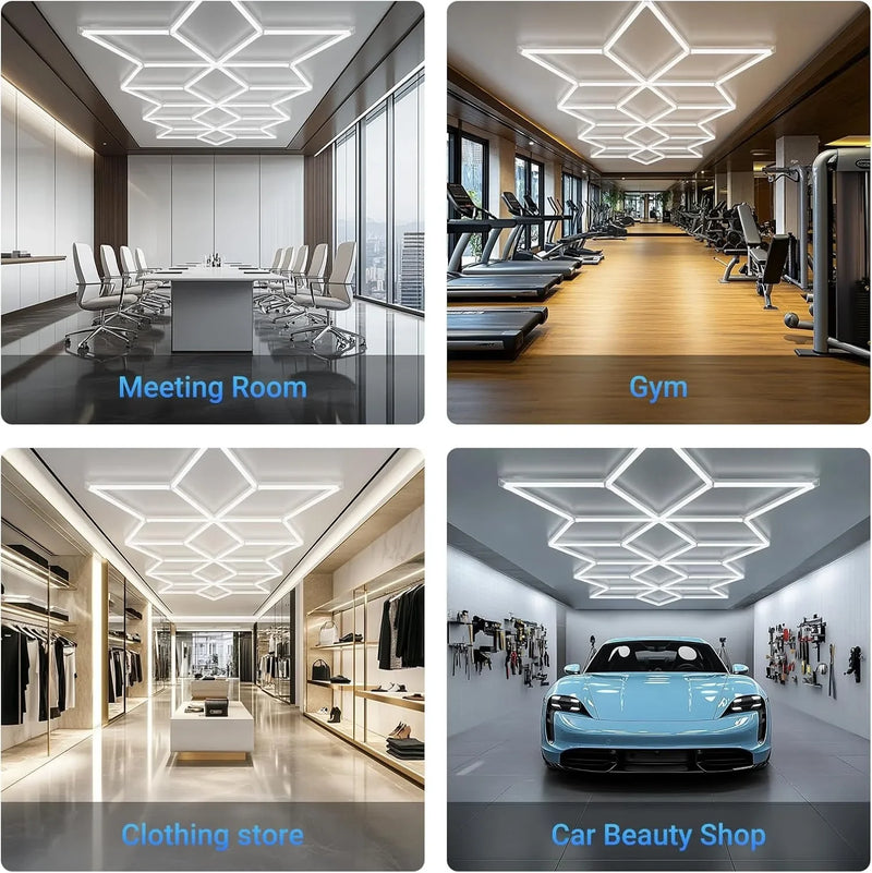 ភ្លើងបំភ្លឺយានដ្ឋាន LED ត្រីកោណ ភ្លើងឆកោន ភ្លើងពិដាន Honeycomb ភ្លឺខ្លាំងសម្រាប់ឃ្លាំង បន្ទប់ក្រោមដី ការថែទាំរថយន្ត បន្ទប់បោកគក់