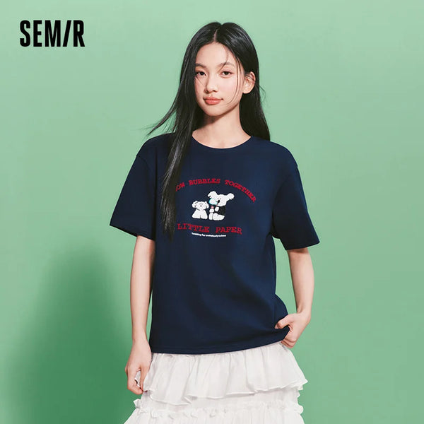 អាវយឺតស្ត្រី Semir កប្បាសកំប្លែងប៉ាក់ ម៉ូដធម្មតា ងាយស្រួលប្រើ កំពូលមូលដ្ឋាន រដូវក្តៅ 2026 សាមញ្ញ ពាក់ប្រចាំថ្ងៃ មានផាសុកភាព