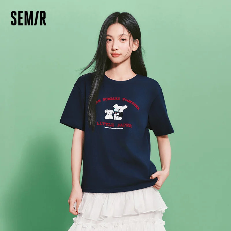 Semir Women Tshirt Cotton Funny Embroidered Casual Fashion Versatile Basic Top 2026 Summer Simple Daily Comfort Wear