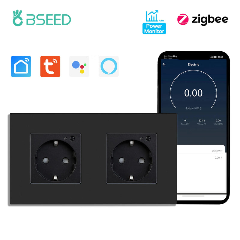 BSEED EU Standard Zigbee Wall Socket Smart Power Monitor Socket 220V 16A Plastic Panel Tuya Alexa Google Smart Life Control