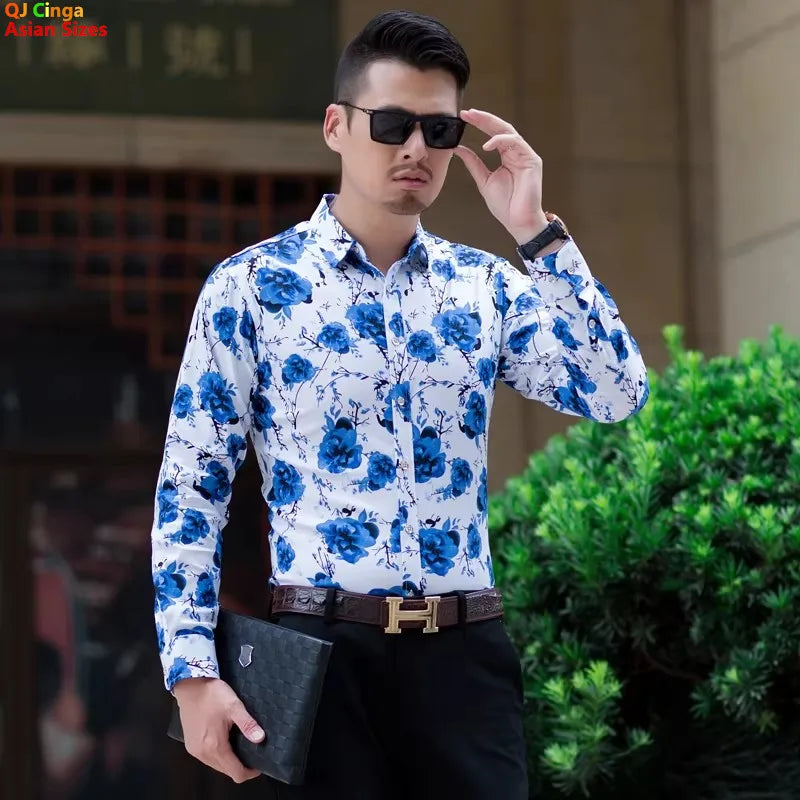 2026 Spring Men's White Long-Sleeve Printed Shirts, Blue Single-Button Collar Stretch Cotton Shirt, Asian Sizes M-5XL, 6XL, 7XL.