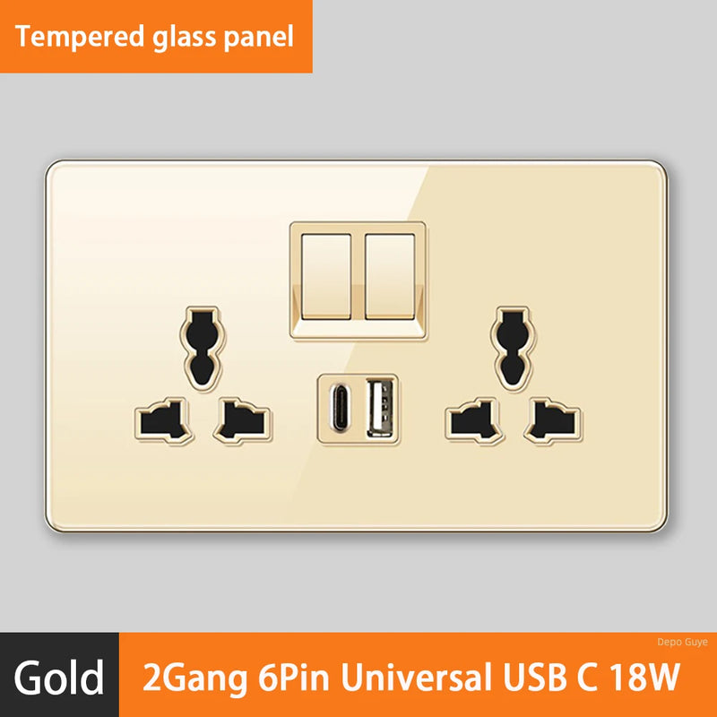 Luxury All Tempered Glass Wall Lamp Switch Button Golden UK Plug 13A Universal Wall Socket with Usb ,220V2gang2way Dimmer Switch