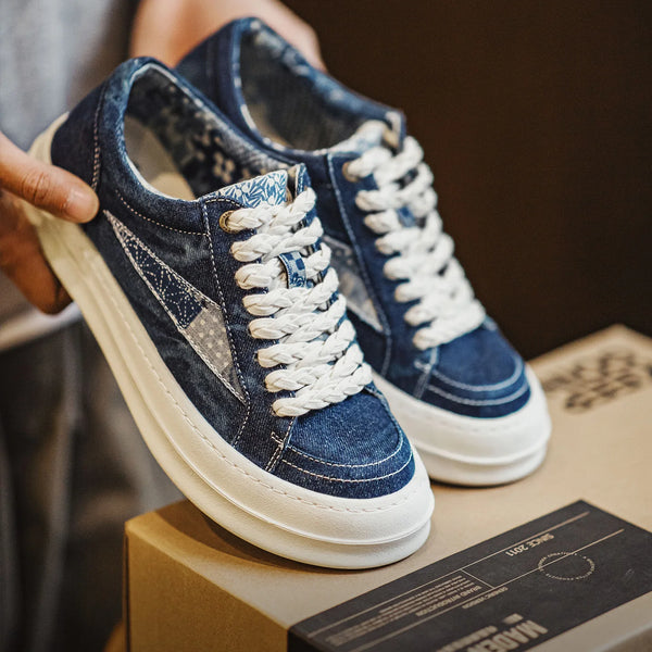 ស្បែកជើងស្គី Maden បុរស Boro Style Tie Dye Canvas Skate Shoes Vintage Thick Sole Height Enhancing Sneakers Casual Board Shoes for Spring