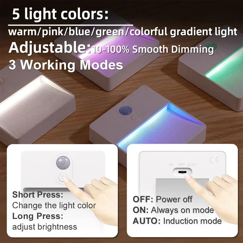 RGB Motion Sensor Night Light USB Rechargeable Color-Changing Lamp Dimmable Wireless LED Lighting for Closet Bedroom Kitchen