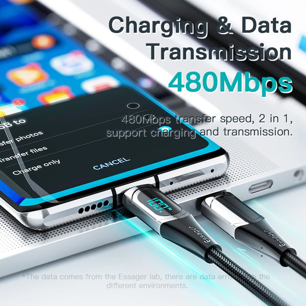 ខ្សែសាក Essager USB Type C ទៅ USB C 100W/5A PD សាកលឿនសម្រាប់ Macbook Xiaomi Samsung Type-C USBC Cable 2M