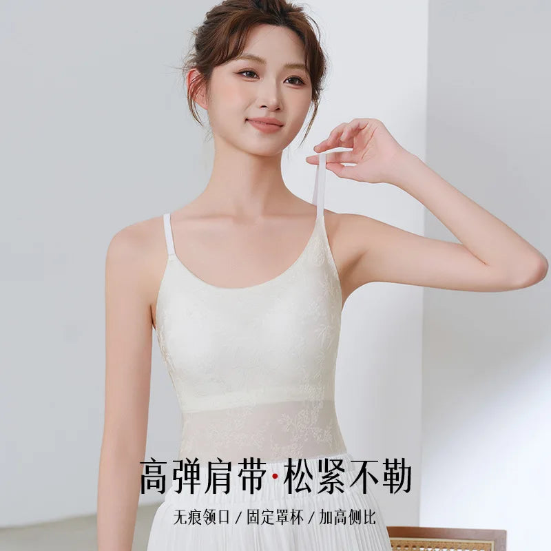National Style Jacquard Printed Seamless Underwear Sling Vest Women's Inner Fixed Cup One Piece Pajamas Top Lady Sleepwear