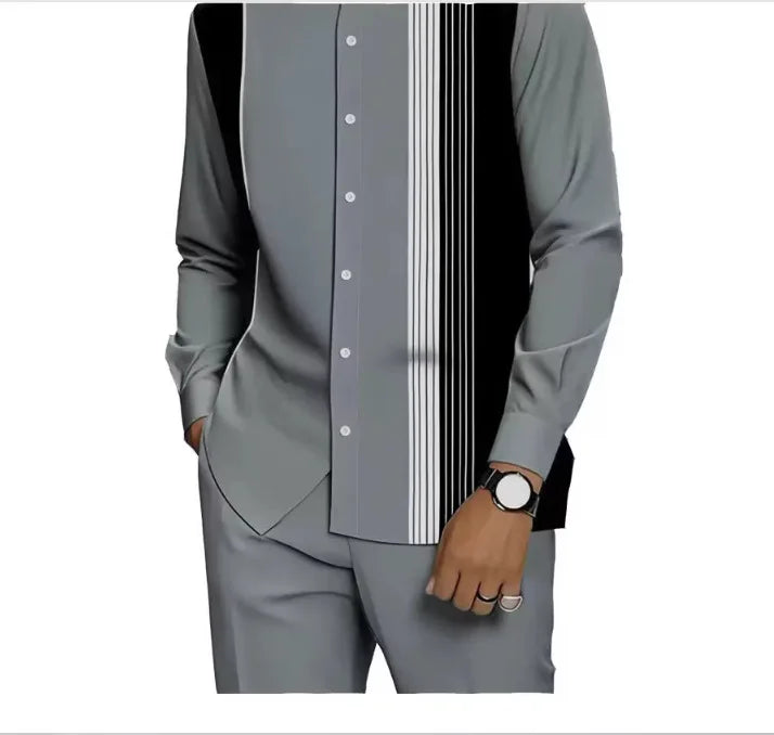 Men's Two-piece Set for Spring/Fall: An Ethnic-style Long-sleeve Shirt Paired with Pants, Red, Blue, Green, Gray, Black, Purple.