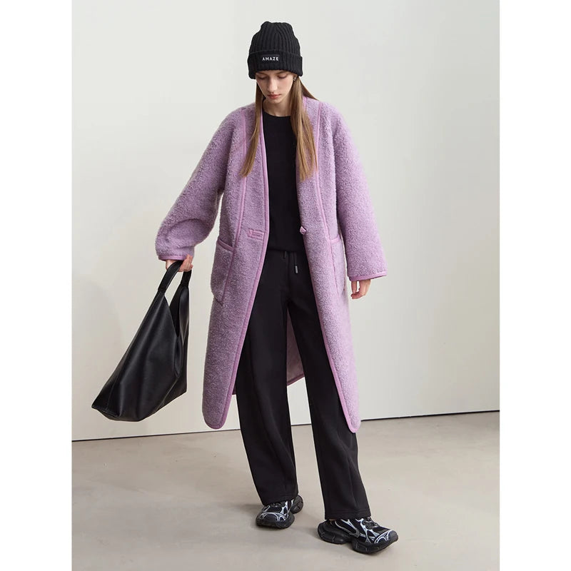 AMII Long Fur Coat 2026 Winter New V-neck All-wool Thick Warm Outerwears Leather Buckle Pocket Casual Loose Women's Top 12444137