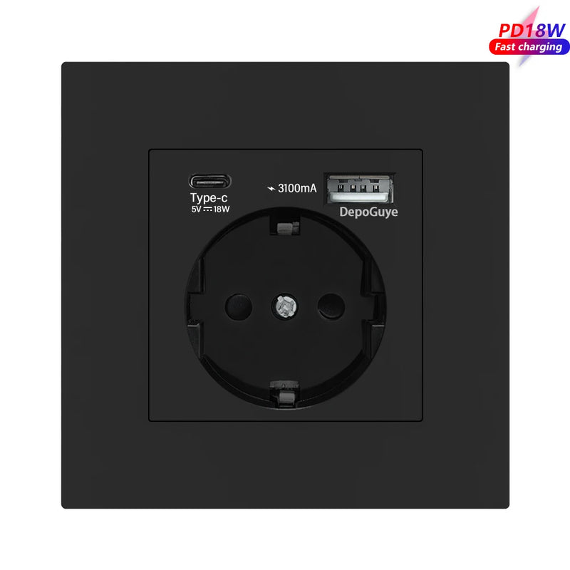 EU Standard Double USB Wall Power Socket,Electrical Socket Wall Plug with Type-c Usb Fast Charing Port 16A PC Panel Outlet 220V