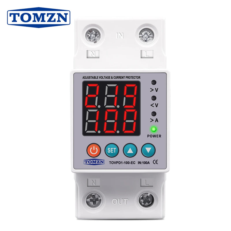 TOMZN Din Rail 230V 100A Adjustable Over Under Voltage Protective Device Protector Relay Monitor Current Limit Protection