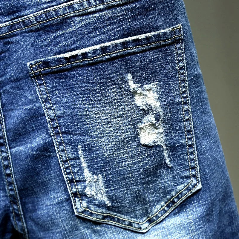 2026 New Men's Blue Hole Denim Shorts, Summer Casual Jeans Shorts Asian Sizes 28-36 38 40