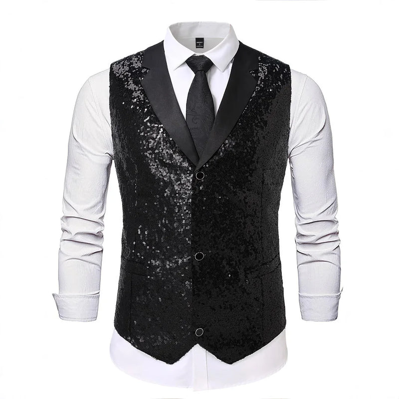 Men's Gold Sleeveless Vest Jacket with Sparkling Round Sequins; Perfect for Weddings, Parties, Performances Silver Waistcoat