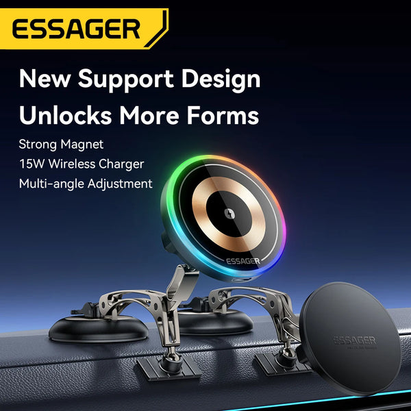 ឆ្នាំងសាកឥតខ្សែ Essager 15W ម៉ាញេទិកសម្រាប់ទូរស័ព្ទក្នុងឡាន ជើងទ្របង្វិលបាន 360° សម្រាប់ iPhone 17 16 15 Pro Max Samsung Xiaomi