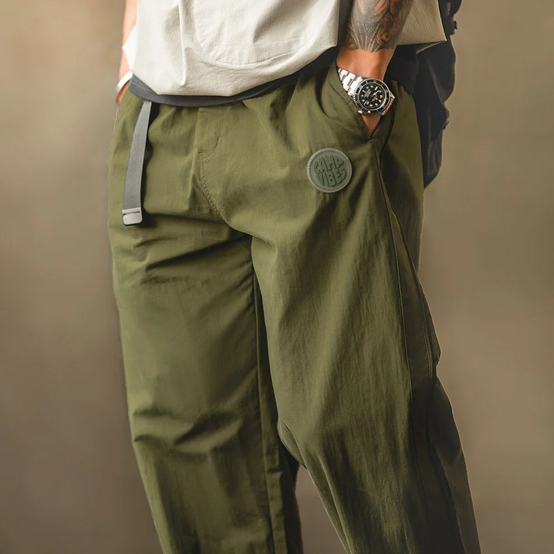 Maden Men's Drawstring Straight Tactical Pants Outdoor Green Casual Cargo Pants Wide Trousers Stylish Techwear