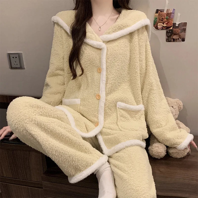Pyjamas Femme Hiver Korean Soft Flannel Pajama Woman Winter Sleepwear Thick Warm Women's Home Clothes Casual Nightwear Set