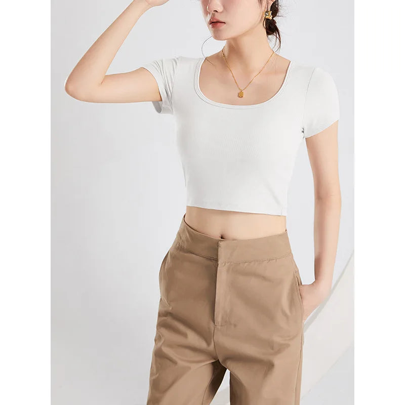 New Square Collar Bra Cup Integrated Slim Modal Sleepwear Vest One Piece Pajamas Women Comfortable Bottom Short Sleeve T-shirt
