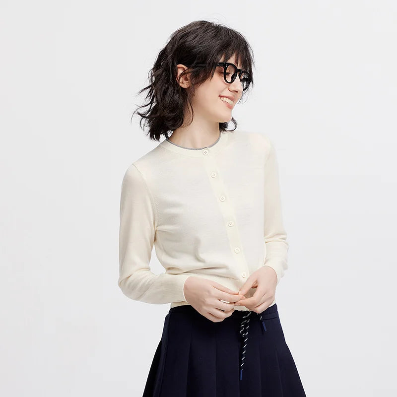 Semir Women Cardigan Short Contrast Crew Neck Faux Two Piece Wool Blend Soft Elegant Autumn Knitwear Daily Wear 2026