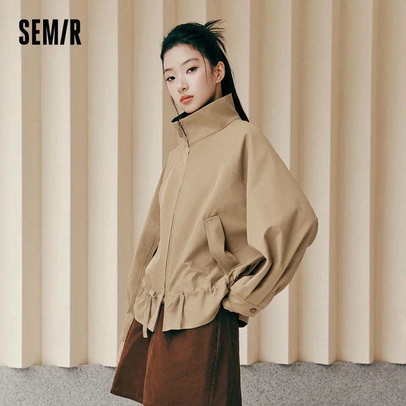 Semir Women Jacket Panelled Design Plaid Pattern Raglan Sleeve Oversized Fit Retro Style Drawstring Detail 2026 Autumn