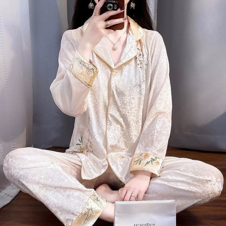 Knitted Gold Velvet Long Sleeved Long Pants Suit Soft And Comfortable Pajama Set 2026 Autumn Winter Women's Home Wear Sleepwear