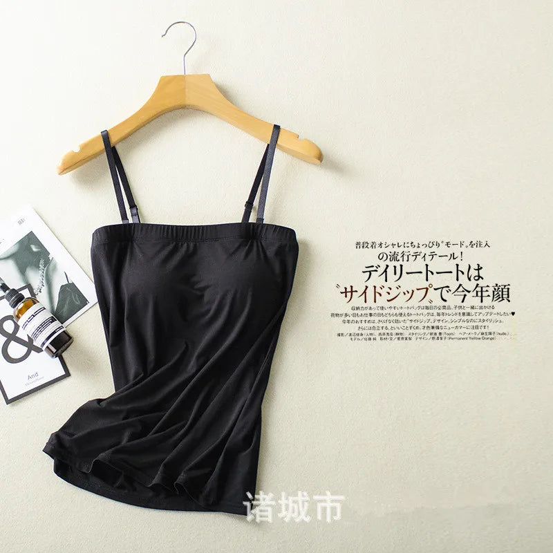 ខោទ្រនាប់ស្ត្រីសិចស៊ី Push Up Sleepwear Top One Piece Pajamas Women Modal Chest Pad Nightwear Sling Vest Bottoming T-Shirt