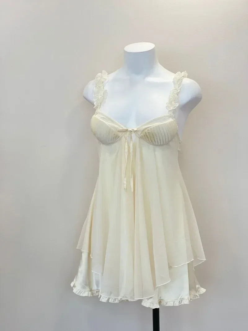Sexy Mesh Pajamas Women's Nightgowns New Ruffles Lace Chest Pad Cushion Suspender Pajama Dress Night Sleepwear Lingerie