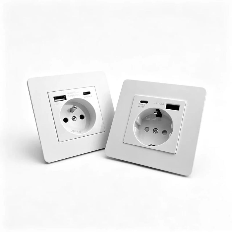 EU FR Power Socket ,Socket With Usb Charging Port and Type c White Stainless Steel Panel Russia Spain Wall Socket 5/10 PCS