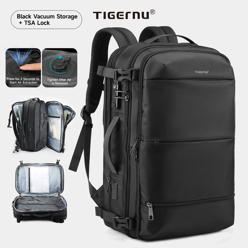 Tigernu Vacuum Compression Backpacks Men Travel Backpack Expandable USB Bag Large Capacity 17 Laptop Bags For School Cabin Bags