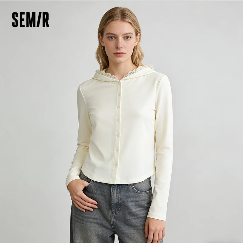 Semir Women Tshirt 2026 New Short Lace Trim Hooded Slim Fit Gentle Long Sleeve Casual Soft Comfortable Tops