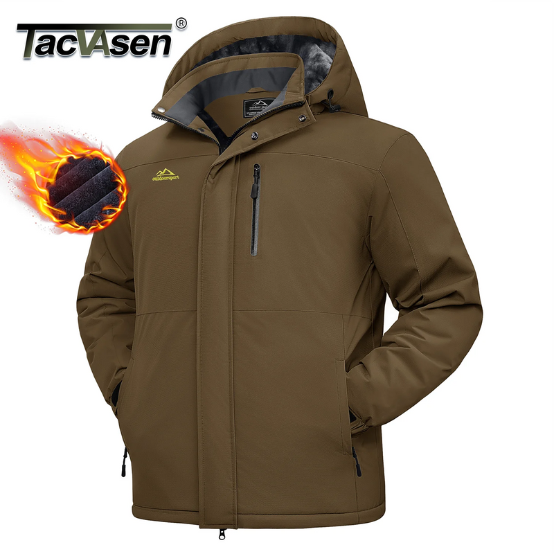 TACVASEN Mens Heavyweight Ski Jacket Waterproof Fleece Parka Detached Hood Windproof Placket Outdoor Coat Winter Warm 5 Pocket
