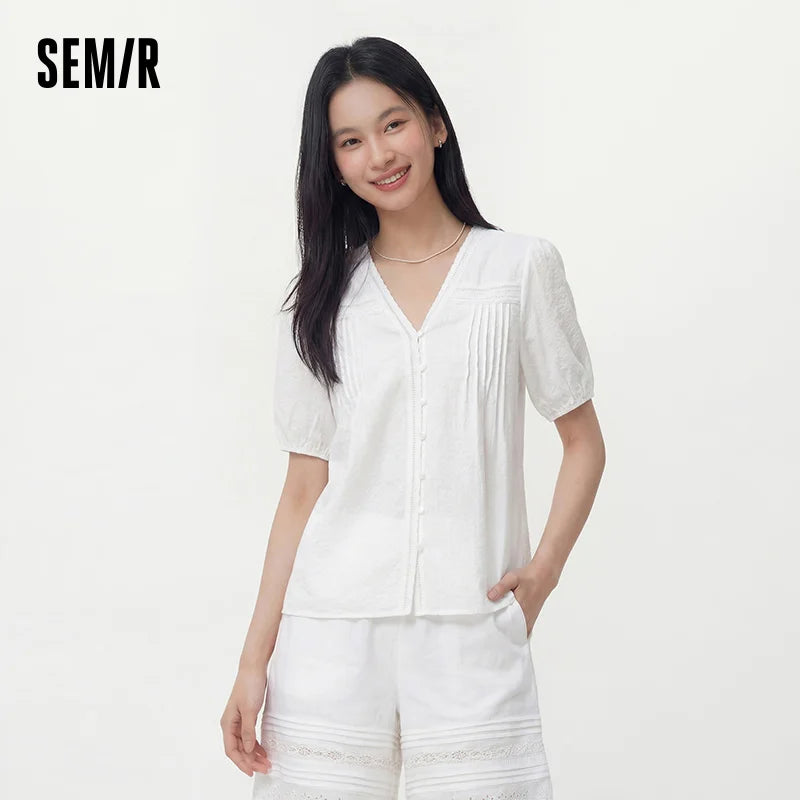 Semir Womens Shirt 2026 White Texture Puff Sleeve Ruffle V Neck Sweet Fashion Design Casual