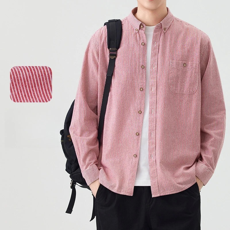 Men's Spring Summer Striped Shirts Long Sleeve Japanese Style Casual Button Down Shirt Vintage Turn-down Collar Male Tops