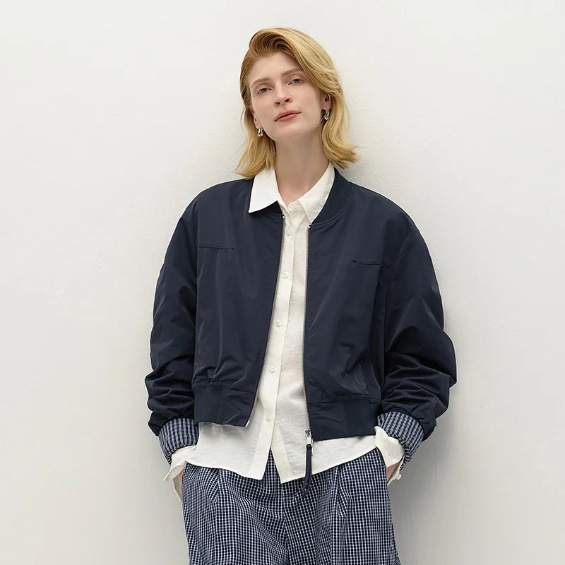 Semir Women Jacket Baseball Collar Plaid Patchwork Faux Layer Loose 2026 Autumn College Style Casual Outerwear Daily Wear