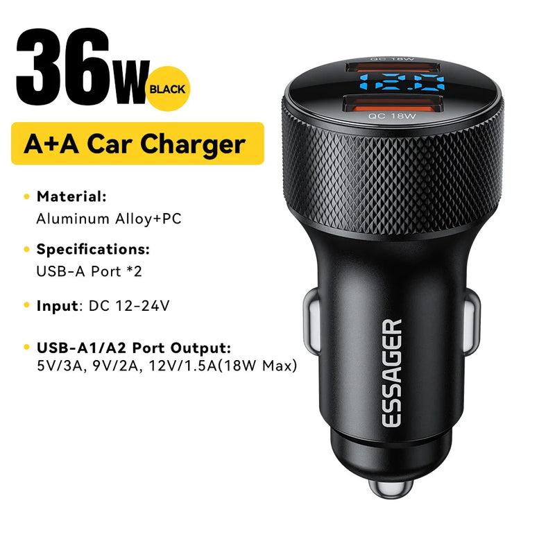 Essager USB C Car Charger 45W 2 Ports PD3.0 QC3.0 Digital Display Car Phone Charger For iPhone 16 15 Xiaomi Huawei Samsung OPPO