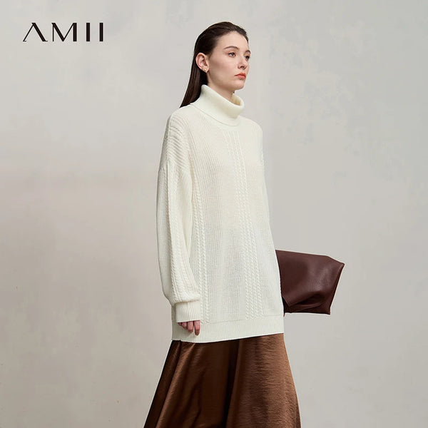 AMII Women's Sweater 2026 Winter New Warm Commuter Versatile Turtleneck Sweaters For Women Retro Long Sleeve Knitwear 12544112