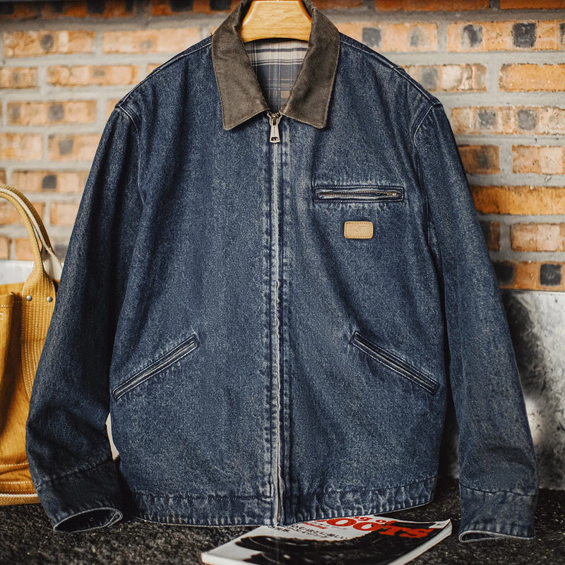 Maden Men's Vintage 10.5oz Detroit Denim Jacket Short Heavyweight Safari Coat Casual Lapel Collar Outerwear for Spring and Fall