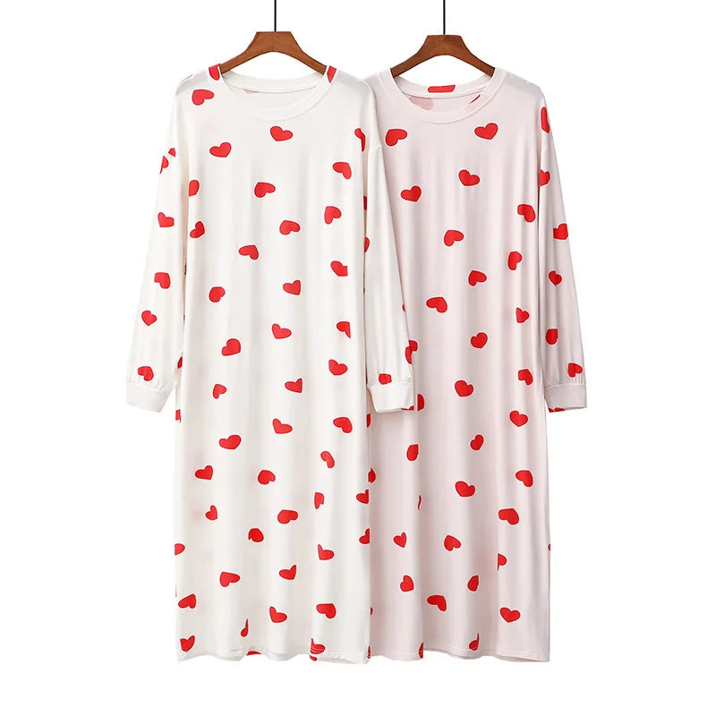 Modal Long-sleeved Women Nightgown Sweet Heart Ladies Room Wear Home Clothes Loose Comfortable Night Dress Lounge Nightshirt