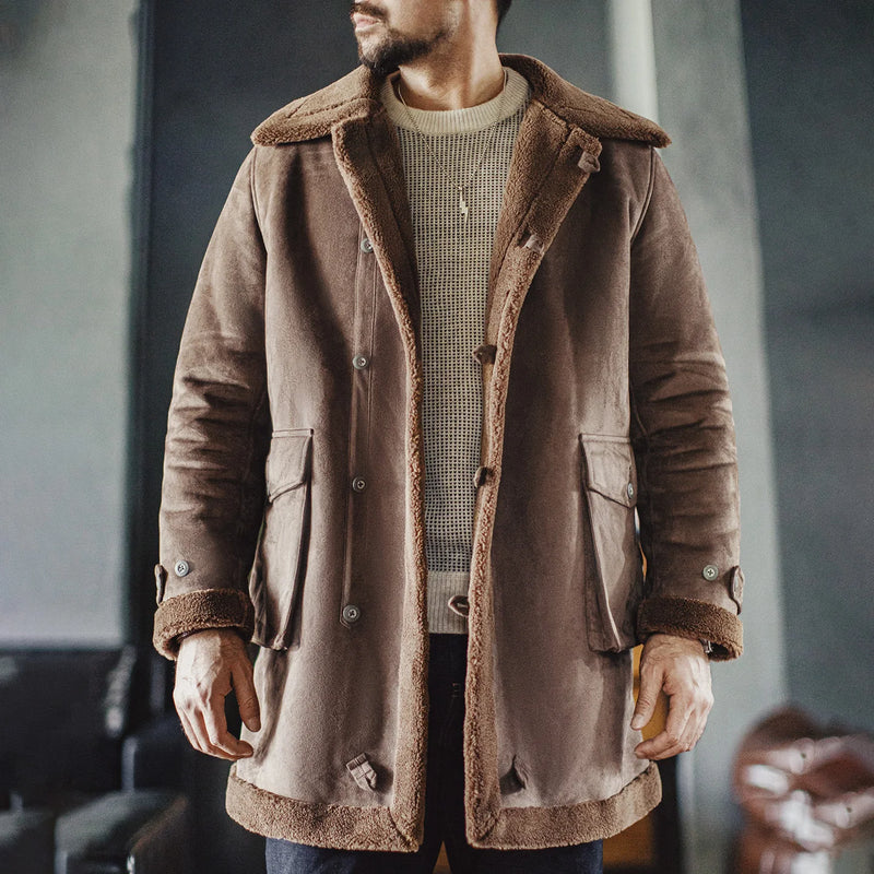 អាវធំ Maden សម្រាប់បុរស Retro B7 Suede-Fleece Parka ប្រវែងមធ្យម ធ្វើពីរោមចៀមសិប្បនិម្មិត អាវធំក្រាស់ មានដើមទ្រូងតែមួយ សម្រាប់រដូវស្លឹកឈើជ្រុះ រដូវរងា