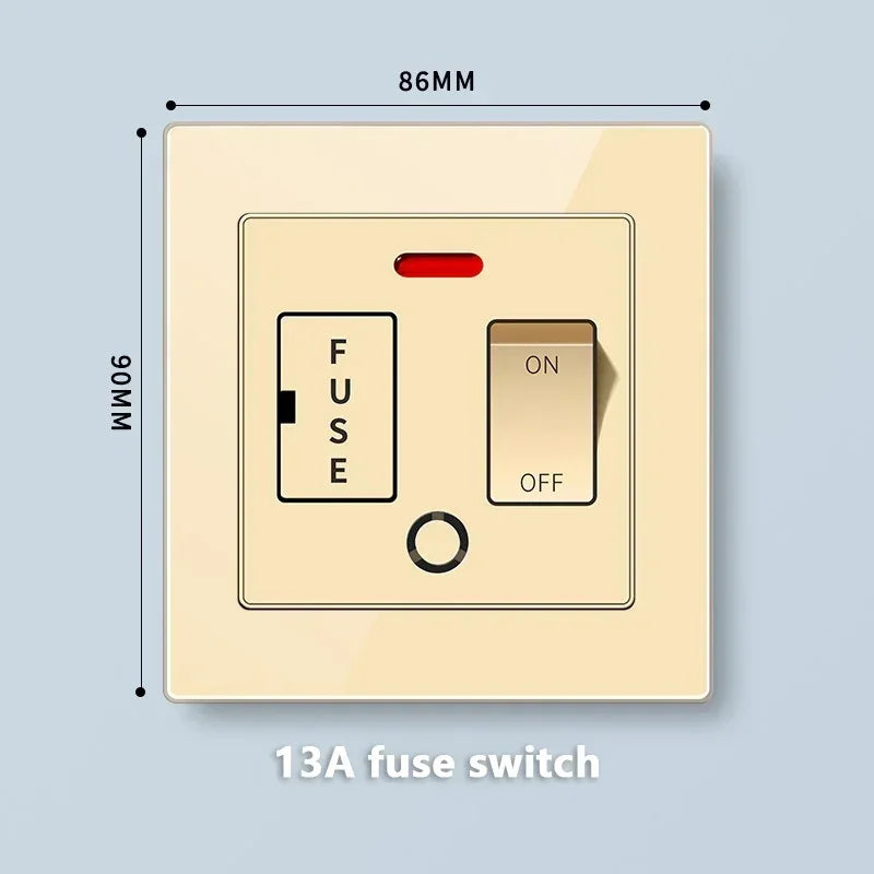 Deluxe Gold Tempered Glass Universal Dual power outlet,UK 13A Wall plug socket with 20W Fast charge,Home Electrical Light Switch