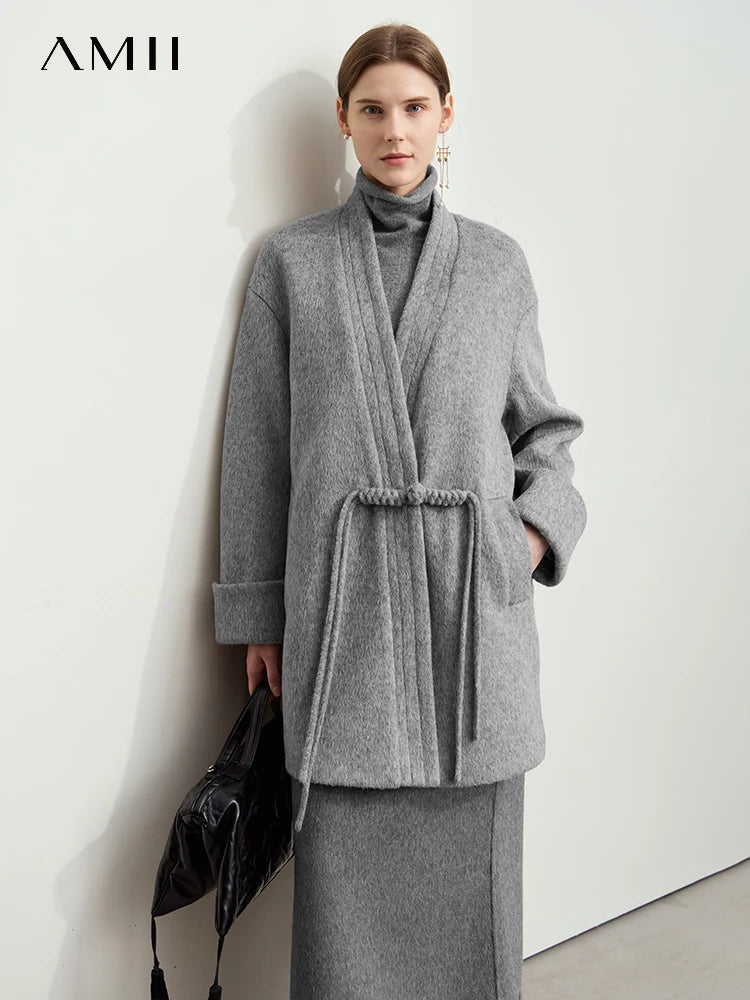 Amii Minimalist Women's New-Chinese Woolen Coat 2026 Winter V-neck Disc Buckle Lady Drop Cuff Loose Mid-length Overcoat 12454010