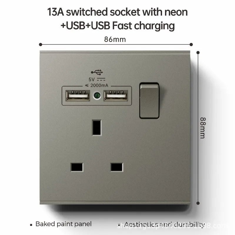 UK 13A with USB Type-c 18W Quick Charge Wall Power Socket Plug,Universal Wall light Switch Panel Dual USB Electrical Outlet