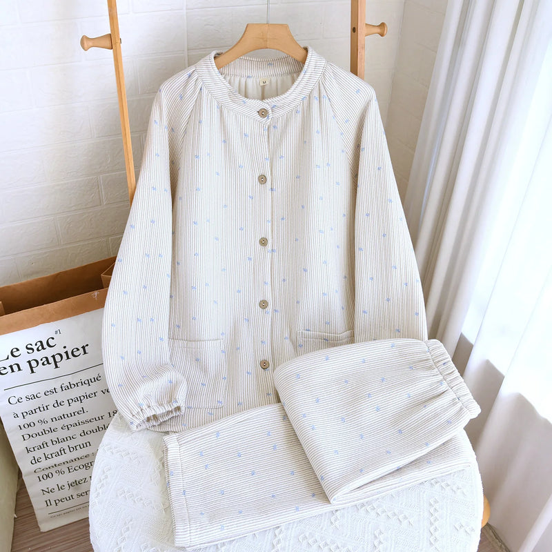 100% Cotton Double Gauze Pajama Set Breathable Muslin Sleepwear For Women Loungewear Thicken Autumn Winter Pijama Women Suit