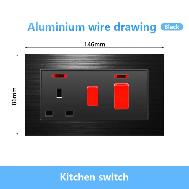 146 UK Standard 45A High Power Kitchen Electric Switch Socket 13A Wall Power Supply Cooker Glass Plastic Aluminum outlet Black