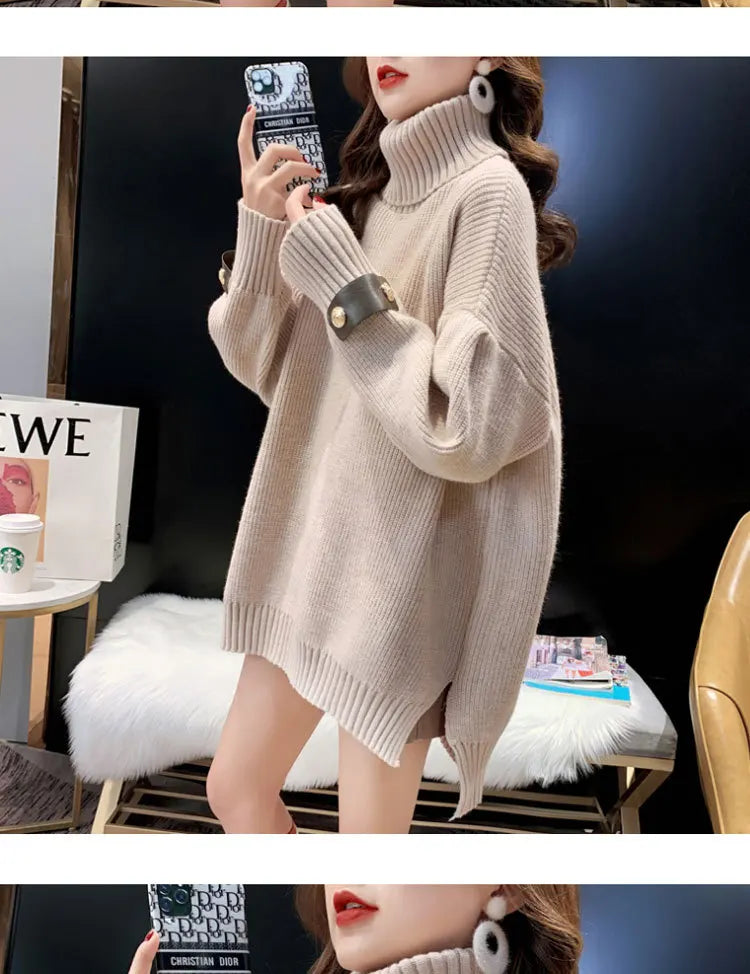 Sweater Women's Korean Medium Long Top Autumn Winter Turtleneck Warm Pullover Shirt Long Sleeve Knitwear Jumper Female Sueter